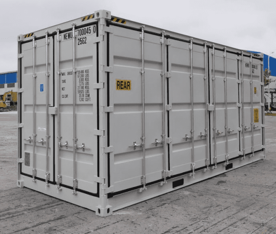 Nuevo contenedor de envío gris de 20 pies con lados abiertos.